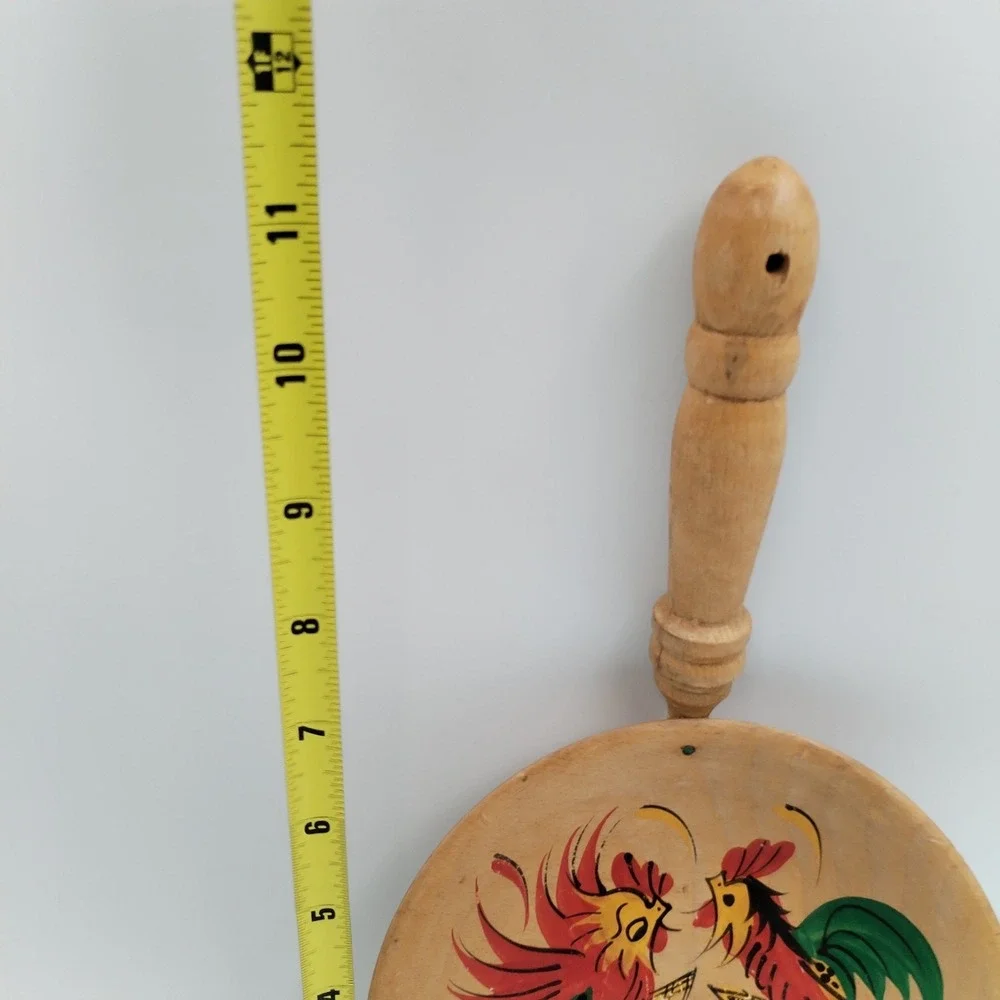 Vintage Hand Painted Wooden Rooster Snack Bowl Handle MCM‎ Folk Art Foreign Mark